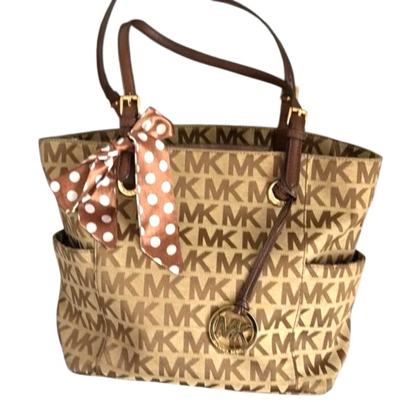 Michael Kors Brown MK Signature Tote Bag with Polka Dot Scarf Accent